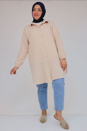Eslina 58091 Large Size Muslin Shirt with Elastic Sleeves - Beige