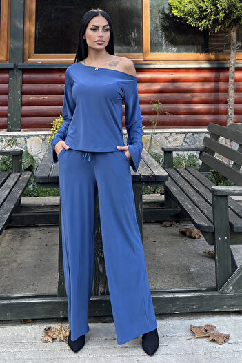 NEW LAVİVA Women's Boat Neck Sandy Fabric Elastic Waist Bottom Top Set 700-3668
