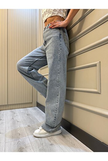 geenz manifacture Hary 90's Kar Mavi Likralı Süper Yüksek Bel Wide Leg Salaş Jeans Palazzo Pantolon