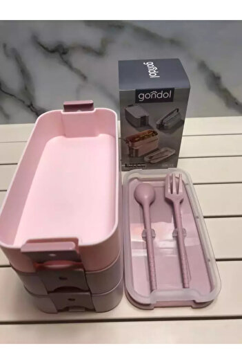 ATABY Gondol Layer G-770 Lunch Box (3 Tiers X 420ml & Fork & Spoon & Single Carrying Handle) (Pink, Y