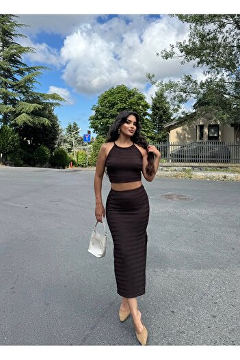 mekabutik Brown Halter Neck Double Skirt Suit