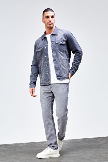 HLT JEANS Чоловічий сірий джинсовий стандартний крій 100% бавовна з кишенями та ґудзиками джинсова куртка HLTHE042153