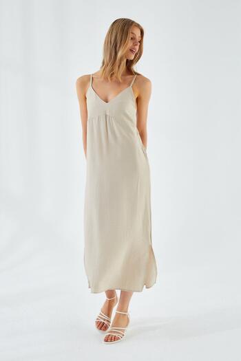 Mixray 4252 Women's Rope Strap V-Neck Dress Stone