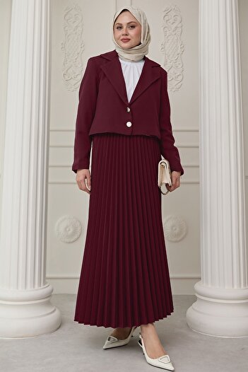 InStyle Burgundy Suit with Two Button Jacket and Pleated Skirt