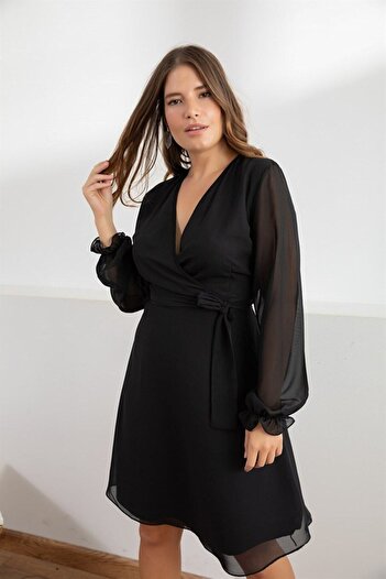 thezkscom Black Double-breasted Collar Plus Size Lined Chiffon Dress