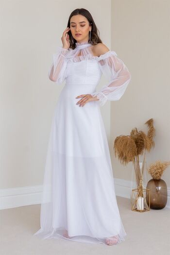 thezkscom Women's White Tulle Draped Plus Size Evening Dress