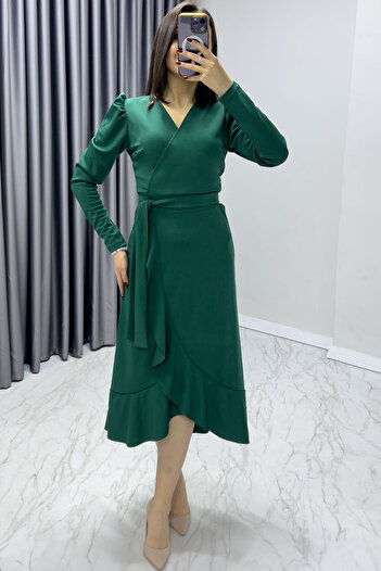 thezkscom Women's Green Long Sleeve Flounced Belted Plus Size Dress