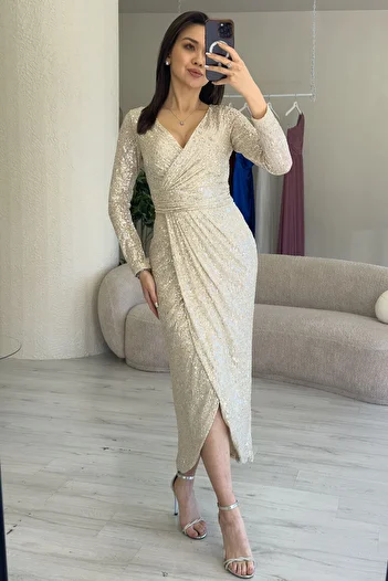 thezkscom Women's Beige Sequin Design Double Breasted Collar Long Sleeve New Season Plus Size Evening Dress
