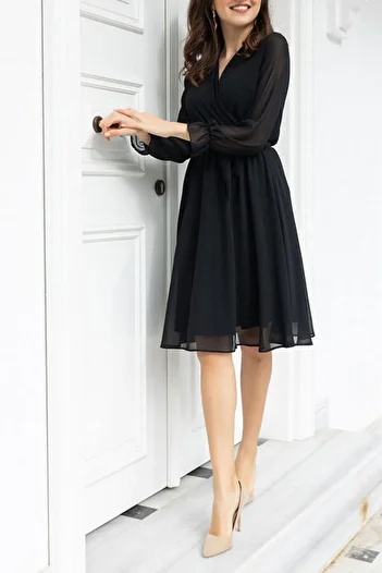 thezkscom Black Double-breasted Collar Chiffon Plus Size Dress
