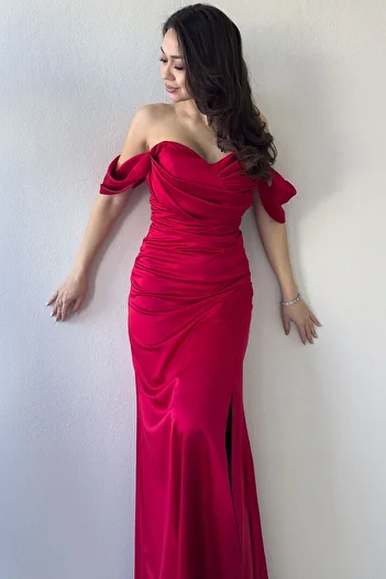 thezkscom Women's Backless Off Shoulder Draped Slit Satin Evening Dress Black, Red, Navy