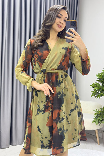 thezkscom Women's Double Breasted Neckline Short Chiffon Dress Brown Floral with Tie-Dye Pattern