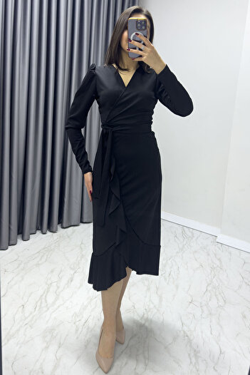 thezkscom Women's Black Long Sleeve Flounced Belted Plus Size Dress