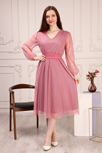thezkscom Powder Lined Polka Dot Tulle Plus Size Belted Dress Sk