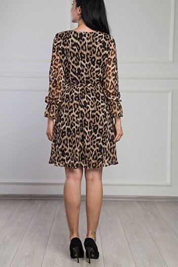 thezkscom Women's Leopard Print Double Breasted Collar Chiffon Dress
