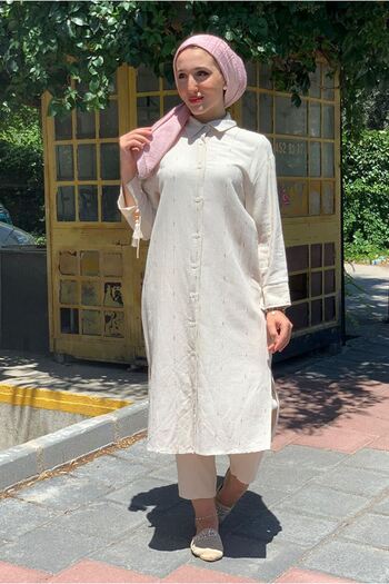 Moda Rosa 25Y4425 - Beige - Long Linen Shirt Tuni̇K