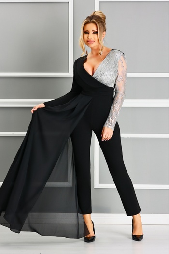 Atmosphere Fashion Elegant black jumpsuit with train and silver lace
