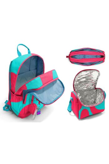 Coral High Primary and Secondary School School Bag Trio - Girl, Red Turquoise Colored Stripes