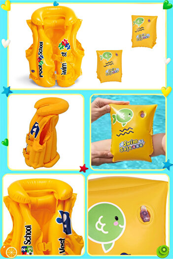 Yeşil Oyuncak 3-6 Years Swimming Assistant Set Inflatable Life Jacket + Inflatable Armlet Swimming Set