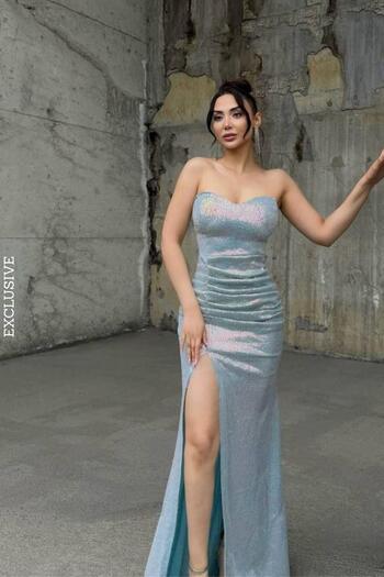 Mossta Heart Neckline Slit Sequined Evening Dress - Turquoise