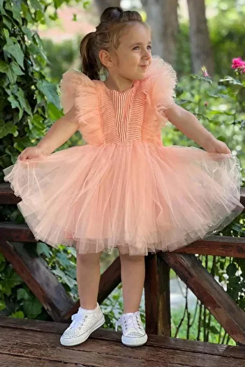 Riccotarz Girl's Shoulder Tulle Over-Length Glitter Sleeveless Salmon Evening Dress