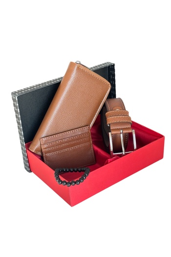 Tisaati Premium Series Luxury Leather Vertical Zipper Phone Compartment Wallet Belt Card Holder and Wristband Men's Set