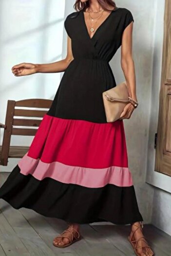 Mossta Double Breasted Collar Elastic Waist Color Block Aerobin Dress - Black