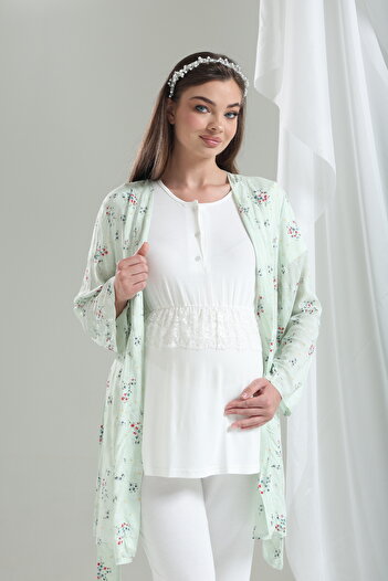 Tuba Kadın Yeşil Çiçek Desenli Dokuma Sabahlık Lohusa Hamile 3'Lü Pijama Takımı