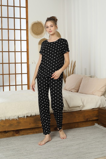 Siyah İnci Black and White Heart Pattern Viscose Knitted Pajamas Suit 7634