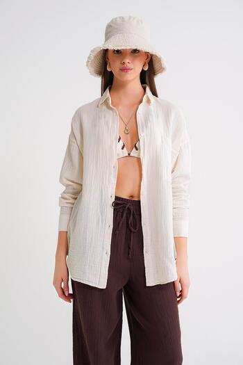 Mixray 3833 Women's Oversize Pocket Muslin Shirt Natural