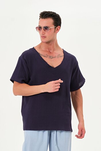 RELAXL 100% Cotton Oversize Dirty Stitching V-Neck Navy Blue Tril Tril Muslin T-Shirt