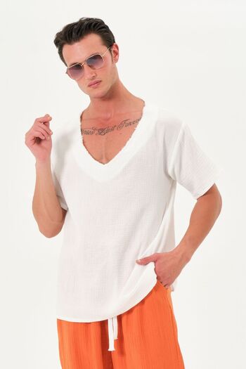 RELAXL 100% Cotton Loose Fit Dirty Stitching V-Neck Ecru Muslin T-Shirt Yoga Meditation