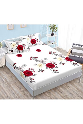 OEM Husa de pat dublu si fete de perne, Finet, Imprimeu Trandafiri Rosi, 180x200cm, 3 piese, 2 persoane,