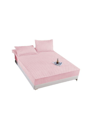 OEM Husa de pat si 2 fete de perna, Catifea, Topper Matlasat, 160x200cm, Roz Prafuit
