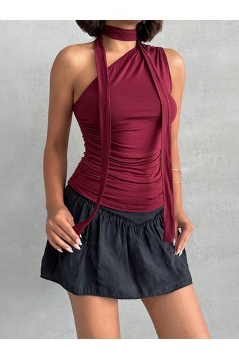 MELA ROSSA Women's Burgundy One Shoulder Gathered Belted Viscose Elasthane Blouse
