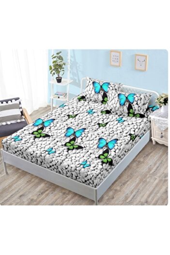 OEM Fitted Bed Sheet with Elastic, 2 Persons, 160x200 cm, Stone and Butterfly Print, Multicolor