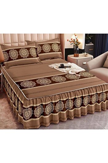 OEM Double Bed Sheet with Ruffles, Abstract Print, 3 Pieces, 2 Persons, Finet, 160x200cm, Brown-Beige