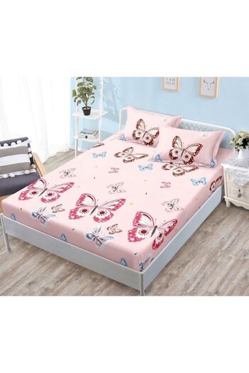 OEM Husa de Pat, cu Elastic, 3 Piese, Bumbac Satinat, 180x200cm, Imprimeu Fluturi, Multicolor