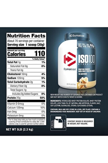 Dymatize ISO 100, Hydrolyzed Whey Protein Isolate, Gourmet Vanilla, 5 Lbs, 76 Servings