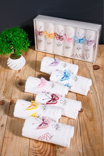 asev tekstil 30X50 cm Guipure Butterfly Embroidered Set of 6 Kitchen Towels |   Hand Towel |   Face Towel Set