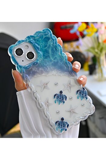 Go Aksesuar iPhone 15 - 14 - 13 Compatible Silicone Case with Wavy Edges Loggerhead Print Pattern