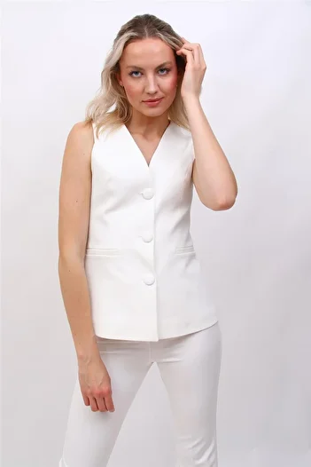 ÖNDER ÖZSOY V-Neck Ornamental Filatal Vest-White