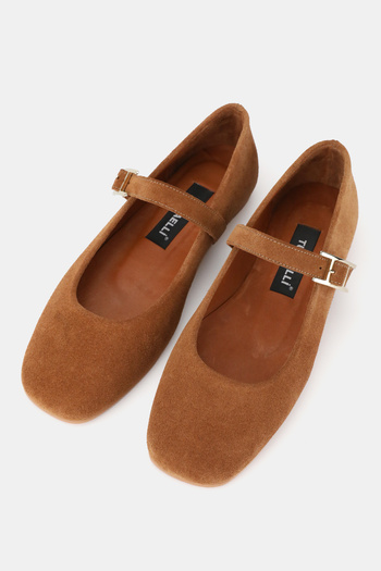 TUNAELLİ Women's Taba Suede Khaki Natural Leather 35-41 Number Buckle Banded Ballet Flat