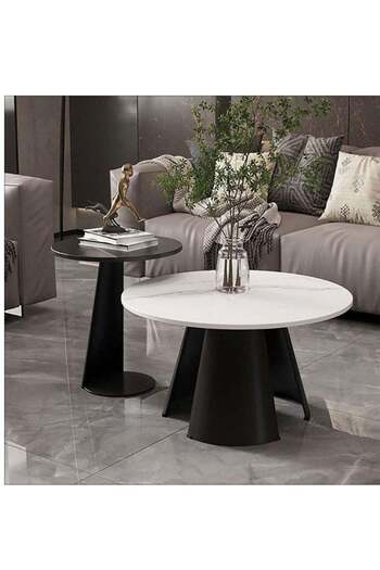 Generic Set of two marble-faced wood and iron coffee tables - black and white