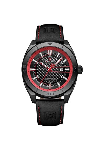 Naviforce Men Black Dial Red Accent Leather Strap Quartz Watch