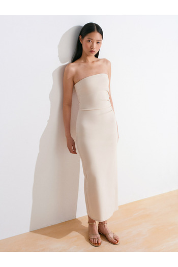 Dilvin 91368 Strapless Midi Dress-Stone