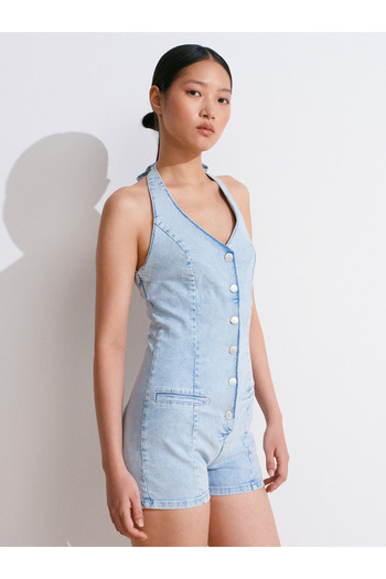 Dilvin 72023 Short Denim Jumpsuit with Front Flats-Blue
