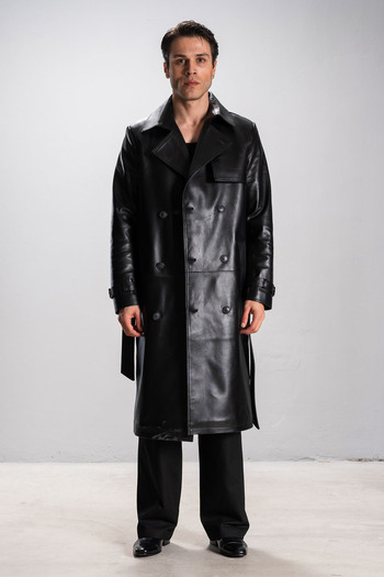Dericlub Harvard Men's Cape Real Leather Trench Coat Black
