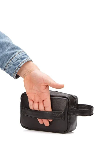 Newish Polo Men's Black Genuine Leather Portfolio Clutch Shaving Cosmetic Care and Daily Handbag