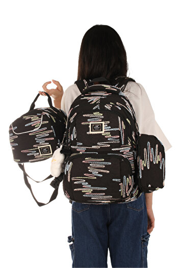 Fiyaka Rlx-1430 Set of 3 Children's Middle School-Primary School Bag Backpack with Pen Holder and Lunch Bag Black