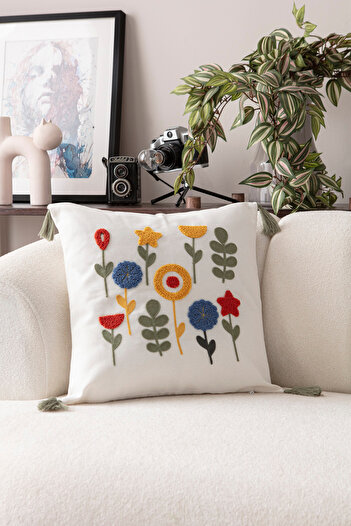 BUGİ HOME COLLECTİON Comfort Punch Pattern Throw Pillow Cover Square Decorative Bohemian Embroidered Sofa Pillowcase Poncho 45X45